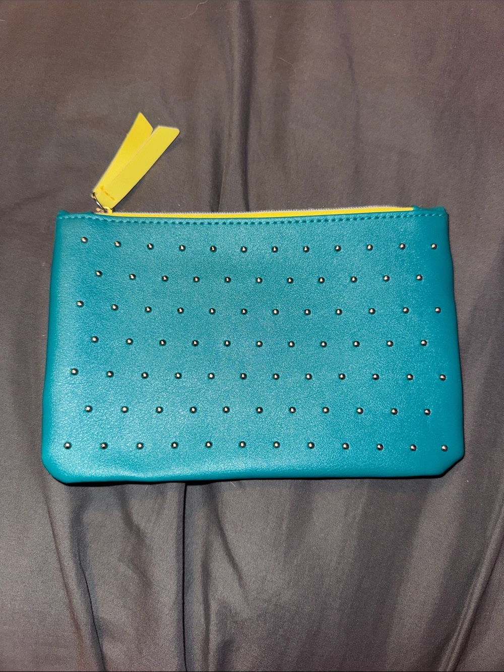 ipsy Teal Cosmetic Pouch with Yellow Zipper and Stud Detail